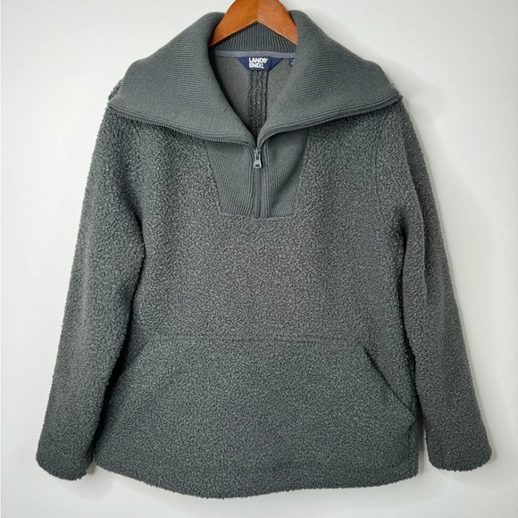 Lands’ End Gray Contrast Ribbed Exaggerated Collar Quarter Zip Teddy Pullover - Picture 1 of 9